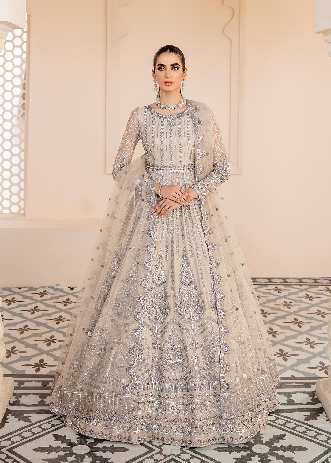Impeccable Cream Color Heavy Net With Embroidery & Stone Work Suit | Gown  dress design, Party wear long gowns, Indian long gowns
